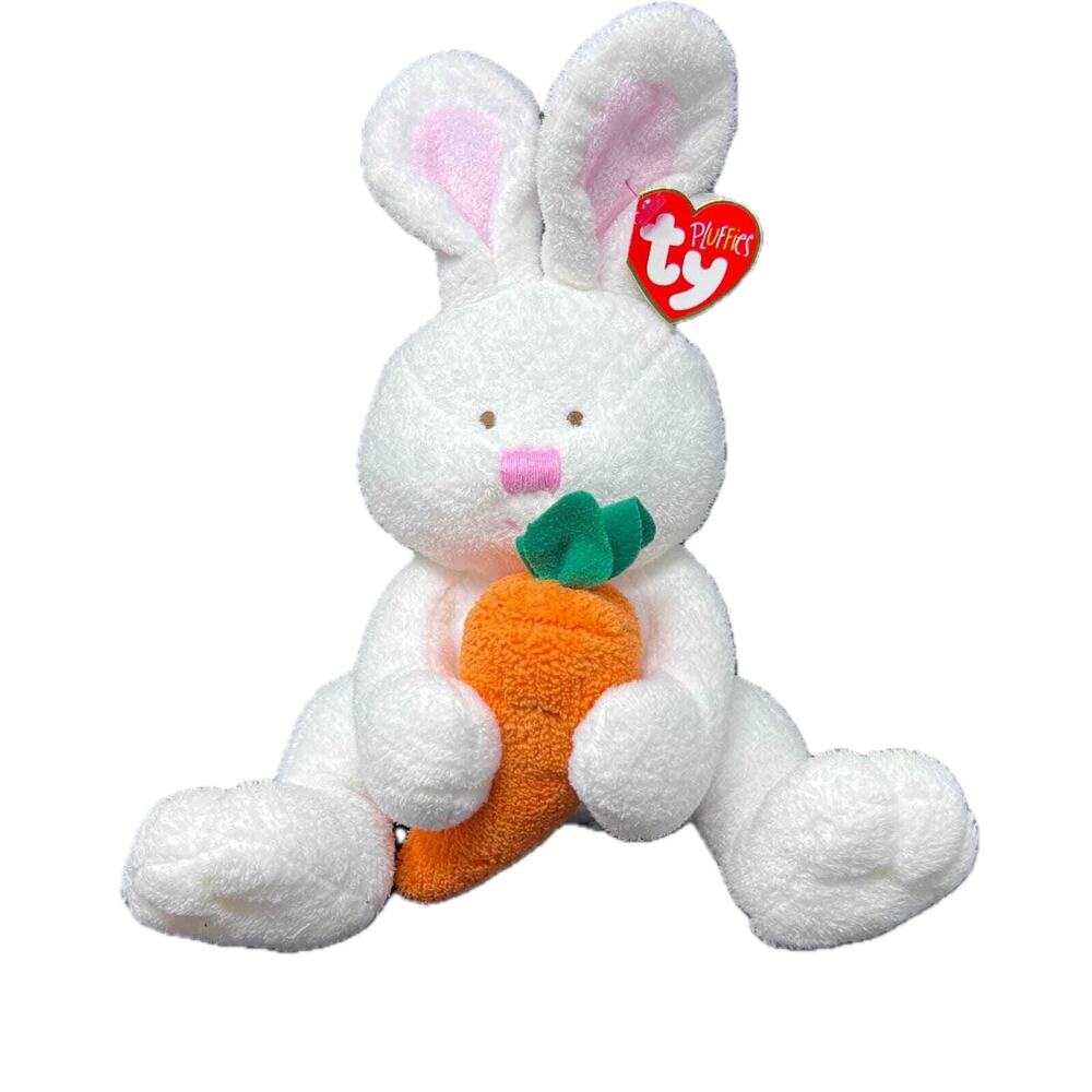 Ty Pluffies Easter Bunny‎ Plush Snackers Rabbit White Holding Carrot Swing Tag